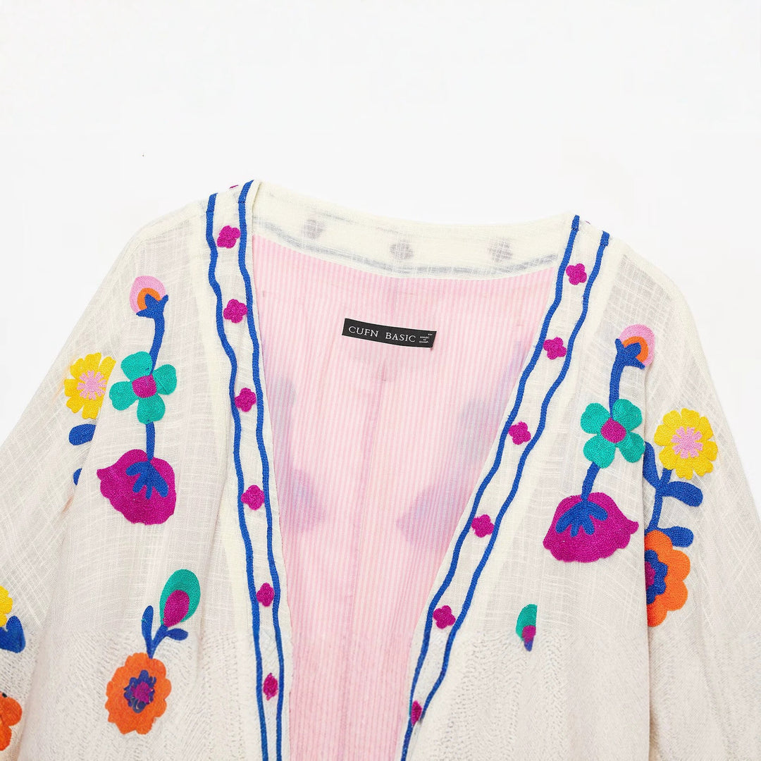 Damen Bestickter Kurz-Kimono mit floralem Stick und Bindegürtel Nord Taschen