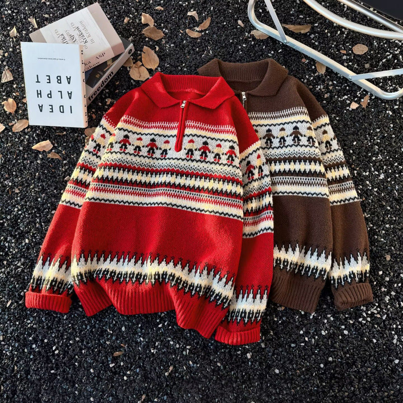 Damen Jacquard-Halbzip-Pullover mit Polokragen und Norweger‑Intarsie Nord Taschen