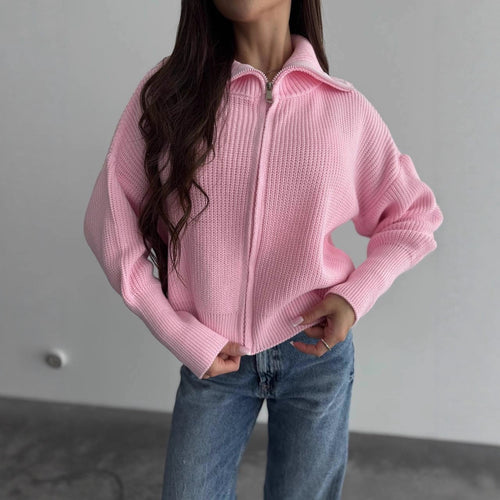 Damen Grobstrick-Zipper-Cardigan mit Ballonärmeln und Stehkragen Nord Taschen