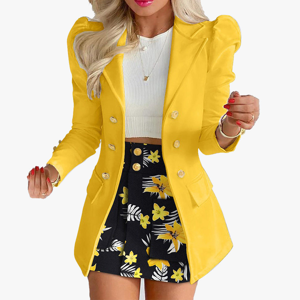 Damen Taillierter Doppelreihiger Blazer mit Puffärmeln und goldenen Zierknöpfen Nord Taschen