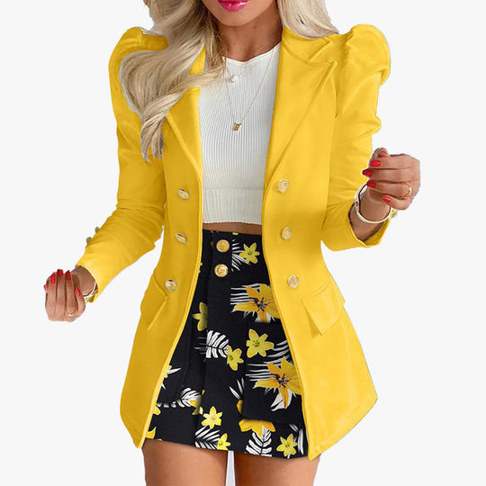 Damen Taillierter Doppelreihiger Blazer mit Puffärmeln und goldenen Zierknöpfen Nord Taschen