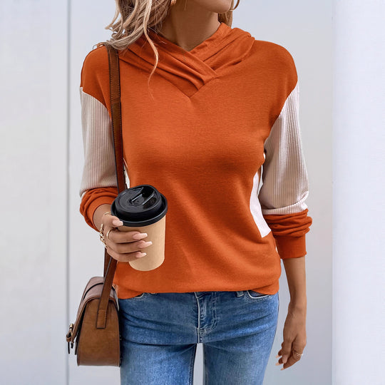 Damen Lässiger Kapuzenpullover mit V‑Kragen, Kontrastärmeln und Rippbündchen Nord Taschen