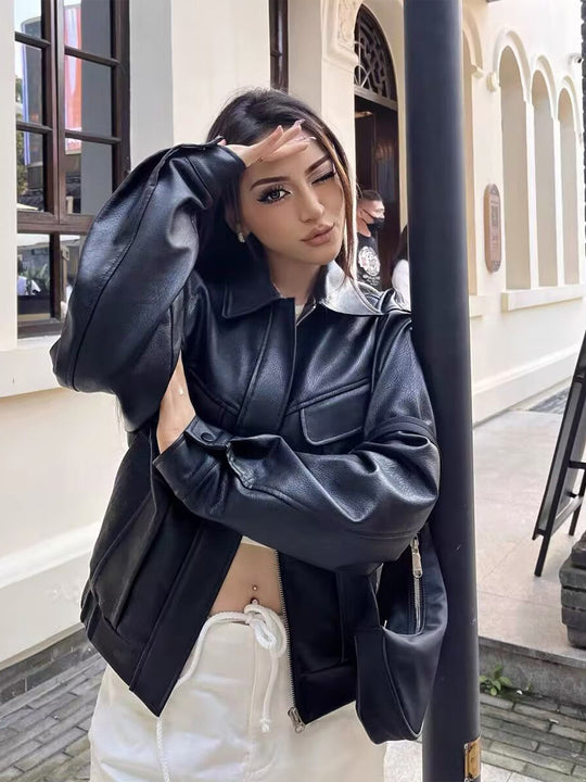 Damen Kurz geschnittene Kunstlederjacke im Boxy Cut mit voluminösen Ballonärmeln Nord Taschen