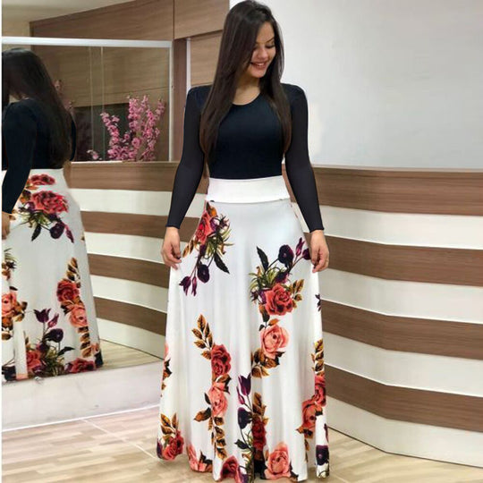 Damen Fließender Maxirock mit hoher Taille und großem Blumenprint Nord Taschen
