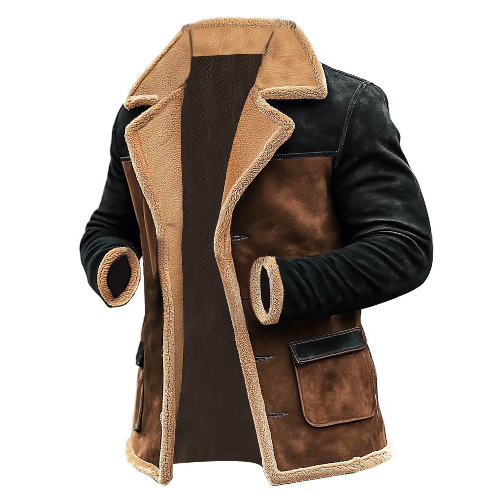 Herren Langer Kunstlammfell-Mantel mit Schalkragen, Kontrastärmeln und Pattentaschen Nord Taschen