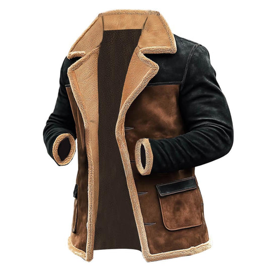 Herren Langer Kunstlammfell-Mantel mit Schalkragen, Kontrastärmeln und Pattentaschen Nord Taschen