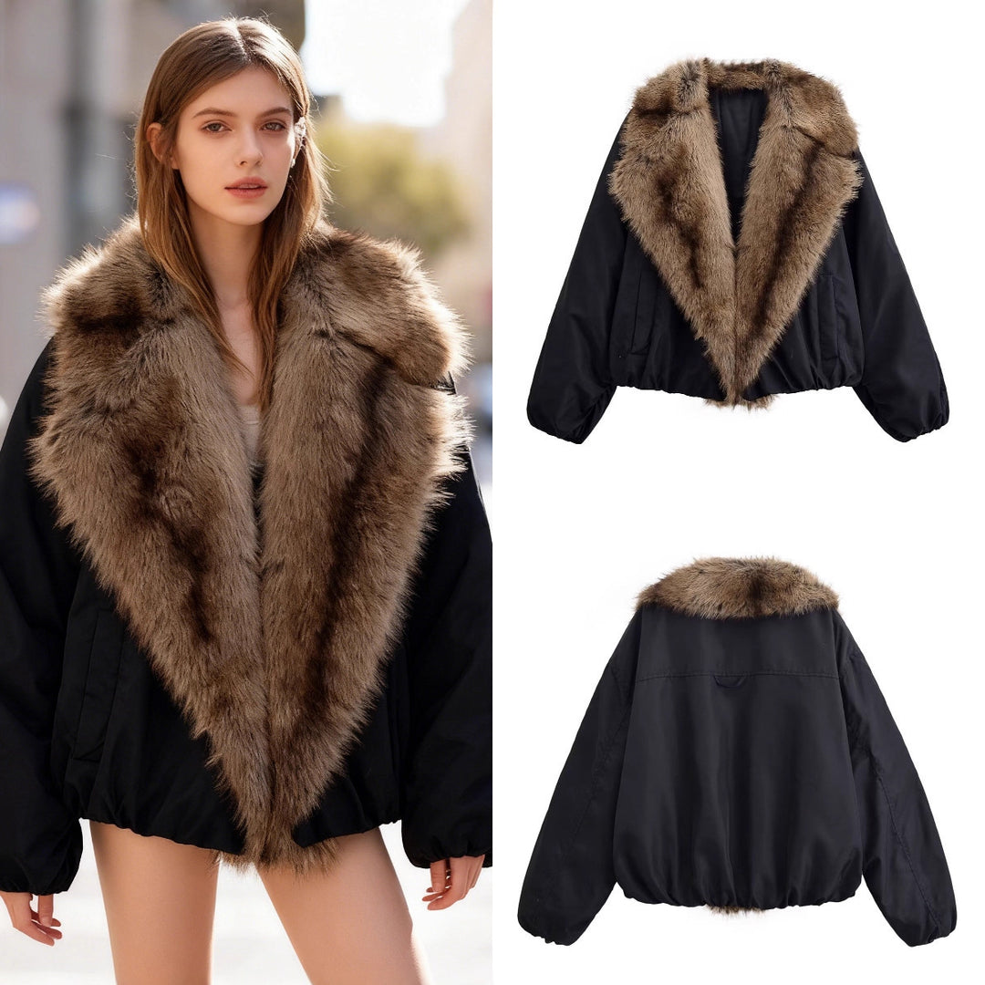 Damen Kurze gesteppte Bomberjacke mit voluminösem Faux-Fur-Schalkragen Nord Taschen