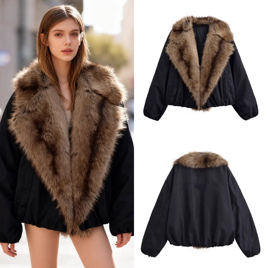 Damen Kurze gesteppte Bomberjacke mit voluminösem Faux-Fur-Schalkragen Nord Taschen