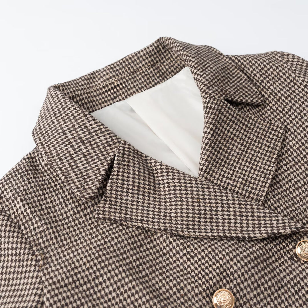 Damen Kurzgeschnittener Doppelreihiger Hahnentritt-Blazer mit taillierter Silhouette und goldenen Zierknöpfen Nord Taschen