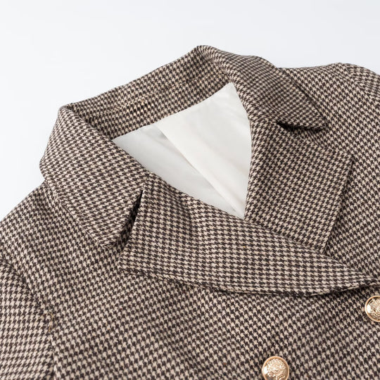 Damen Kurzgeschnittener Doppelreihiger Hahnentritt-Blazer mit taillierter Silhouette und goldenen Zierknöpfen Nord Taschen