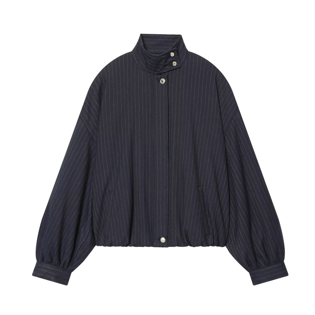 Damen Kurze Nadelstreifen-Blousonjacke mit Stehkragen, Ballonärmeln und elastischem Saum Nord Taschen