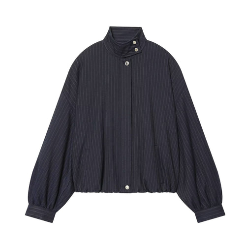 Damen Kurze Nadelstreifen-Blousonjacke mit Stehkragen, Ballonärmeln und elastischem Saum Nord Taschen