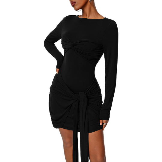 Damen figurbetontes Minikleid mit asymmetrischer Knotendrapierung, taillierter Raffung und langem Ärmelschal Nord Taschen