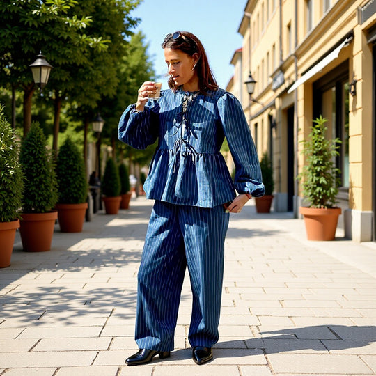 Damen Gestreifte Peplum‑Bluse mit vorderer Schnürung und langen Ballonärmeln Nord Taschen
