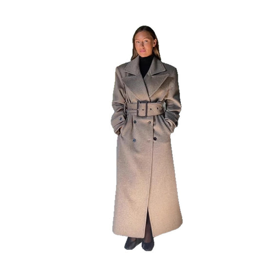 Damen Maximaler Wollmantel mit doppelreihiger Knopfleiste und breitem Taillengürtel Nord Taschen