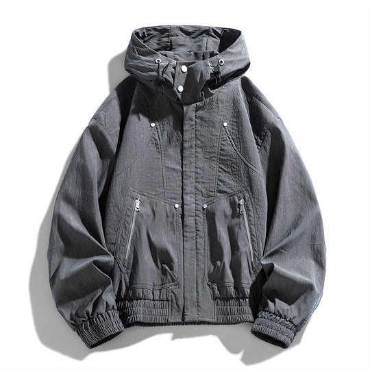 Herren Oversize Canvas-Utility-Kapuzenjacke mit versteckter Druckknopfleiste und Reißverschlusstaschen Nord Taschen