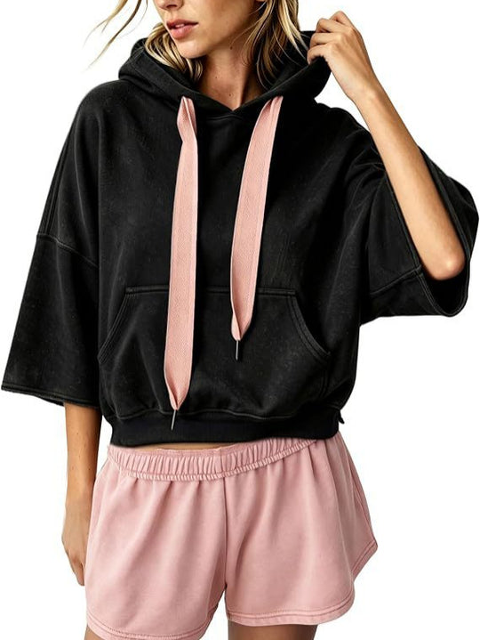 Damen Cropped Kapuzenpullover mit 3/4-Ärmeln und Kängurutasche Nord Taschen