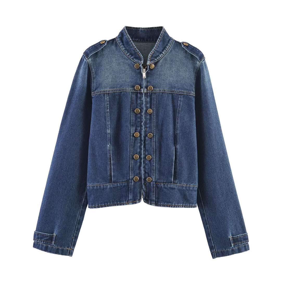 Damen Jeansjacke mit Stehkragen, Doppelreihen‑Druckknöpfen und Schulterklappen Nord Taschen