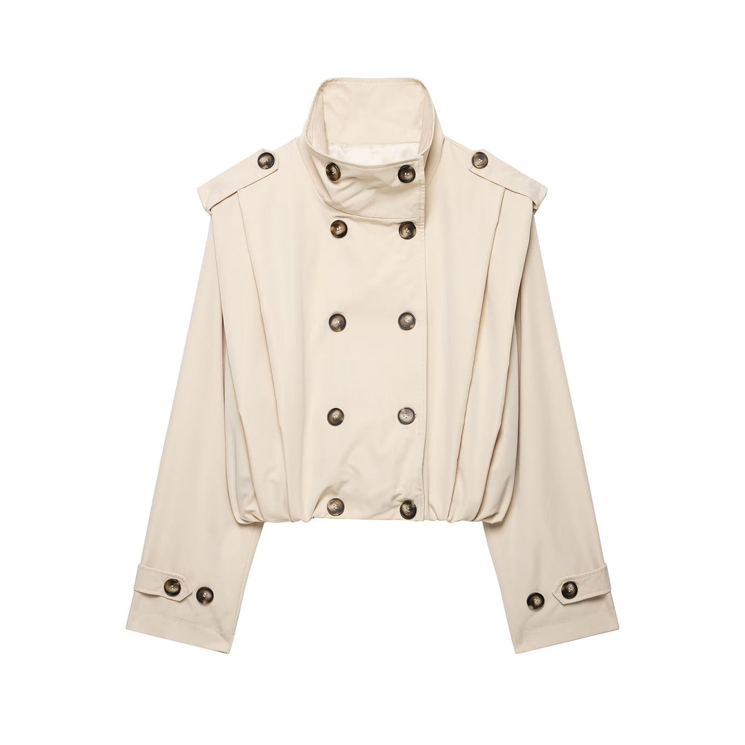 Damen Cropped Doppelreihige Trenchjacke mit Funnelkragen und Tunnelzugsaum Nord Taschen