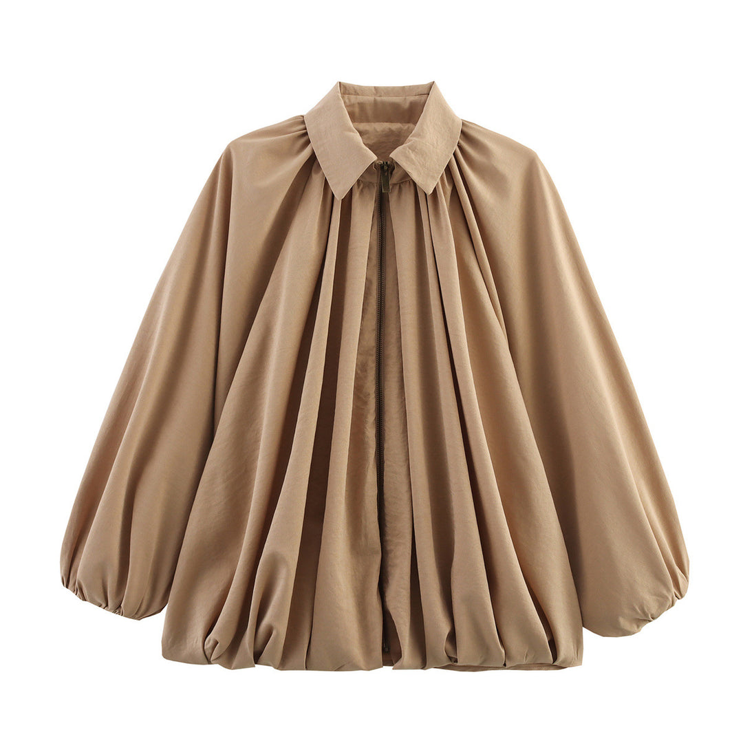 Damen Satin-Cape-Bluse mit Reißverschluss, Ballonärmeln und gerafftem Saum Nord Taschen