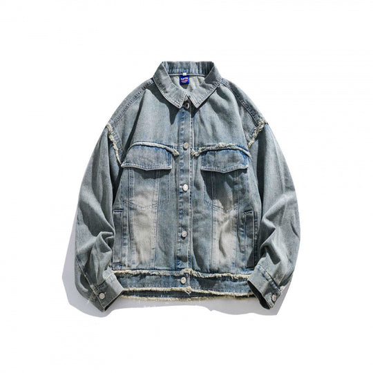 Unisex Boxy-Denimjacke mit ausgefransten Saumkanten, Pattentaschen und Vintage-Waschung Nord Taschen