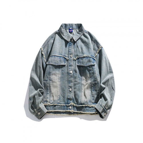 Unisex Boxy-Denimjacke mit ausgefransten Saumkanten, Pattentaschen und Vintage-Waschung Nord Taschen