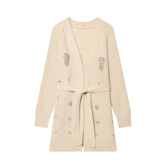 Damen Longcardigan mit Bindegürtel und Schmuckstein‑Applikation Nord Taschen