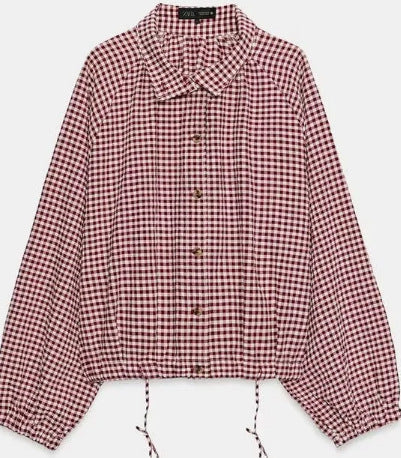 Damen Kurzblousonjacke im Vichykaro mit hohem Stehkragen und Tunnelzugsaum Nord Taschen