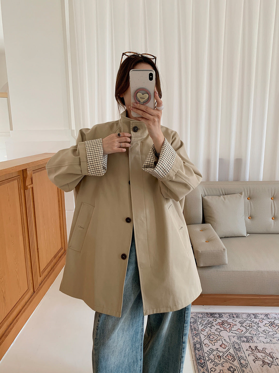 Damen Oversize-Mantel mit Stehkragen und kariertem Ärmelsaum Nord Taschen