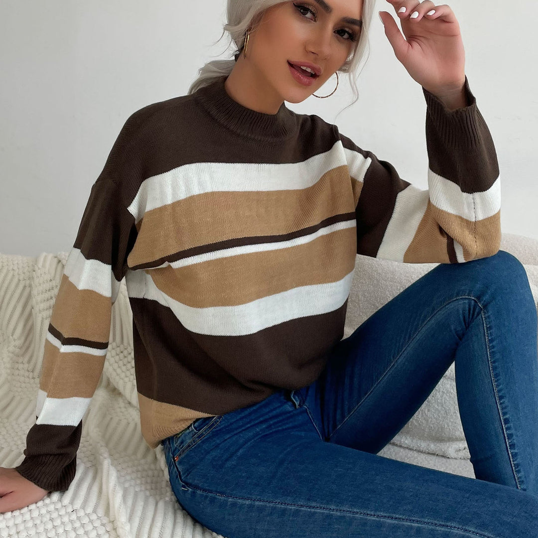 Damen Gestreifter Feinstrick-Pullover mit Stehkragen Nord Taschen