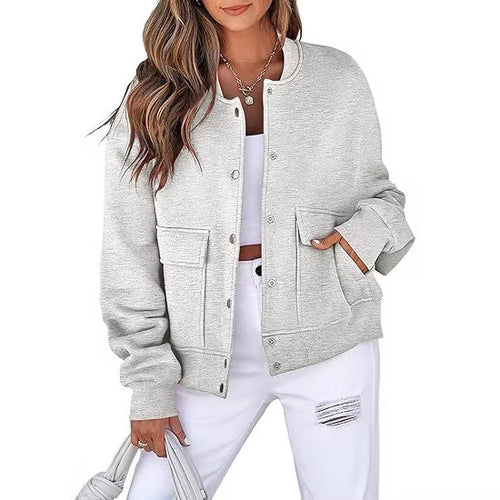 Damen lässige Oversize-Bomberjacke aus Sweatstoff mit Druckknopfleiste und aufgesetzten Taschen Nord Taschen