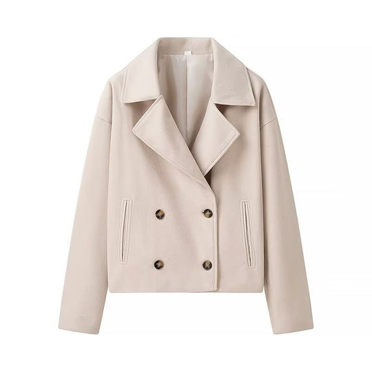 Damen Kurzer Zweireihiger Boxy-Peacoat aus Wollmix mit weitem Revers Nord Taschen