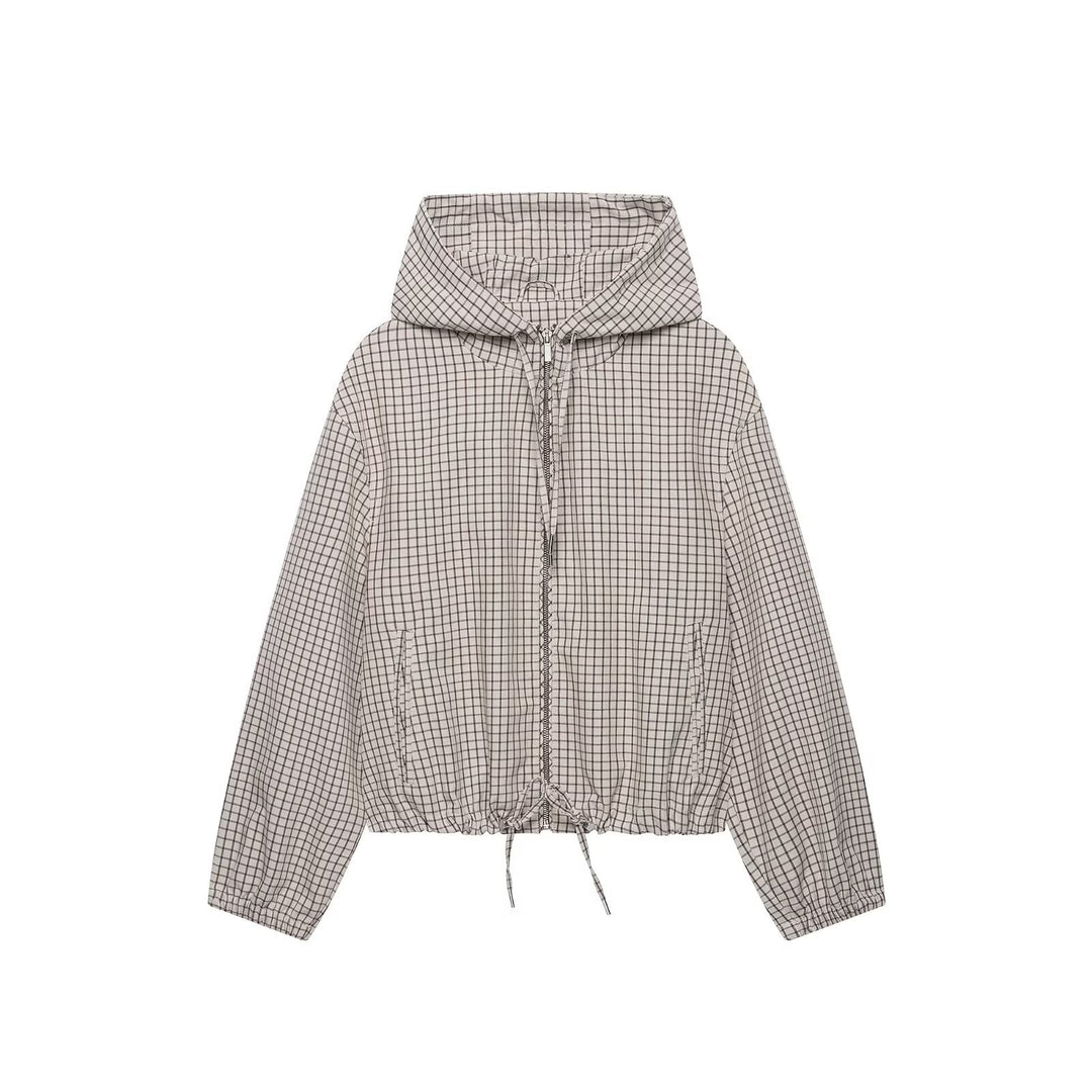 Damen Kariertes Cropped-Blouson mit Kapuze, Tunnelzug und Reißverschluss Nord Taschen