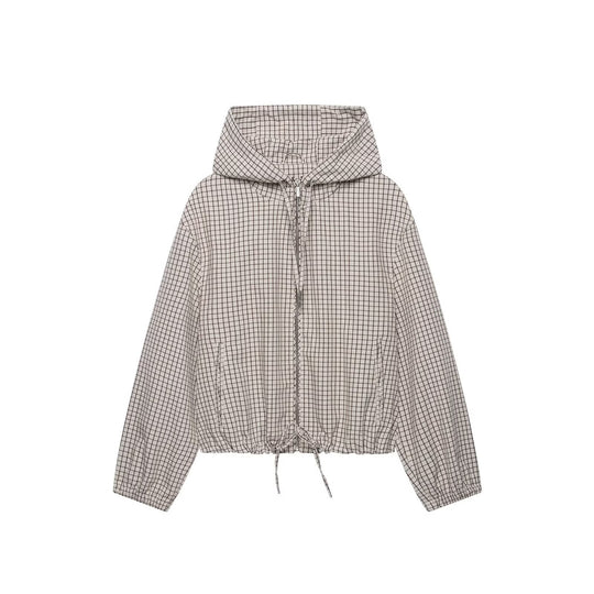 Damen Kariertes Cropped-Blouson mit Kapuze, Tunnelzug und Reißverschluss Nord Taschen