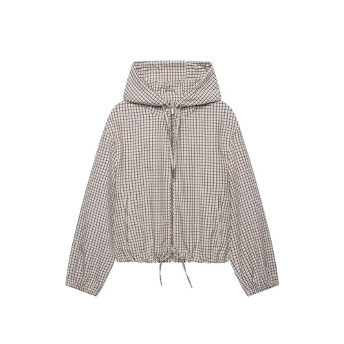 Damen Kariertes Cropped-Blouson mit Kapuze, Tunnelzug und Reißverschluss Nord Taschen