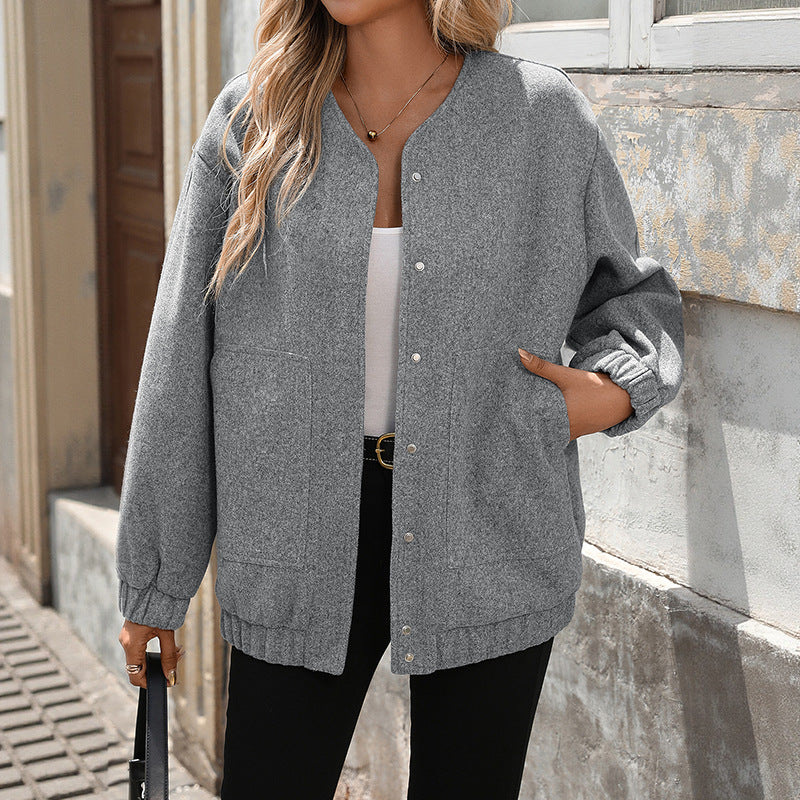 Damen Oversize‑Wolloptik‑Blouson mit Druckknopf‑Verschluss, elastischen Bündchen & aufgesetzten Taschen Nord Taschen