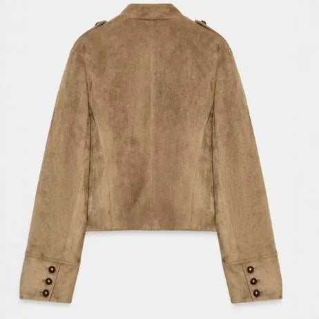Damen Cropped Velourslederblouson im Military‑Look mit dekorativer Paradeknopfleiste Nord Taschen