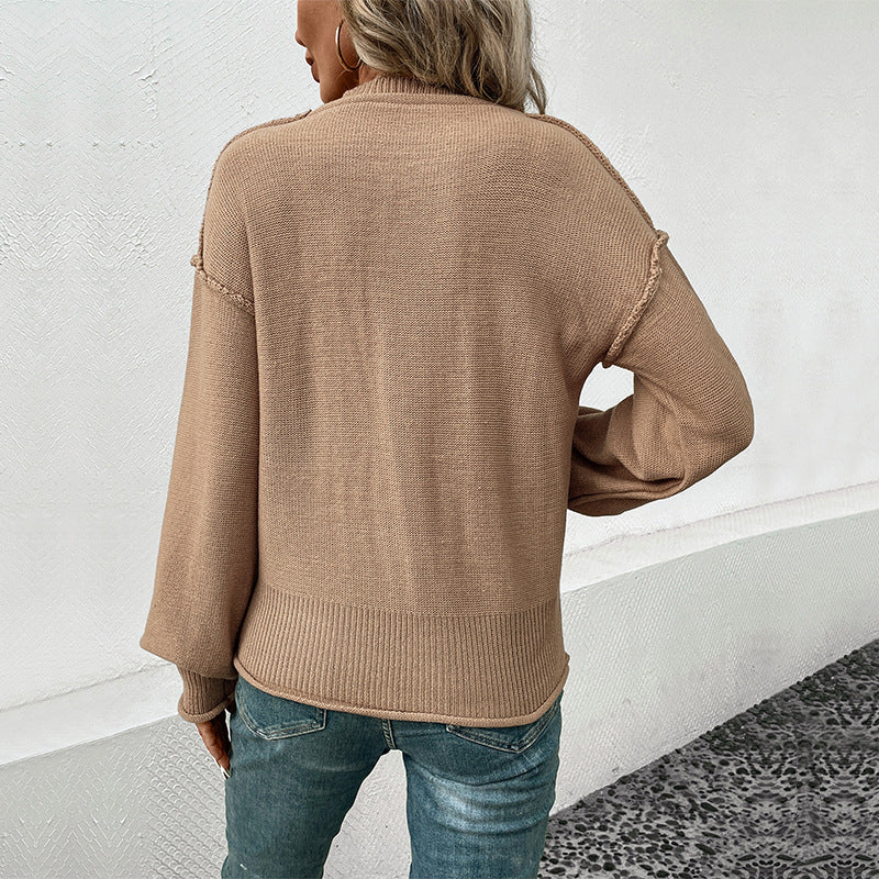 Damen Oversize Rundhals-Strickpullover mit aufgesetzter Brusttasche und fransiger Saumnaht Nord Taschen