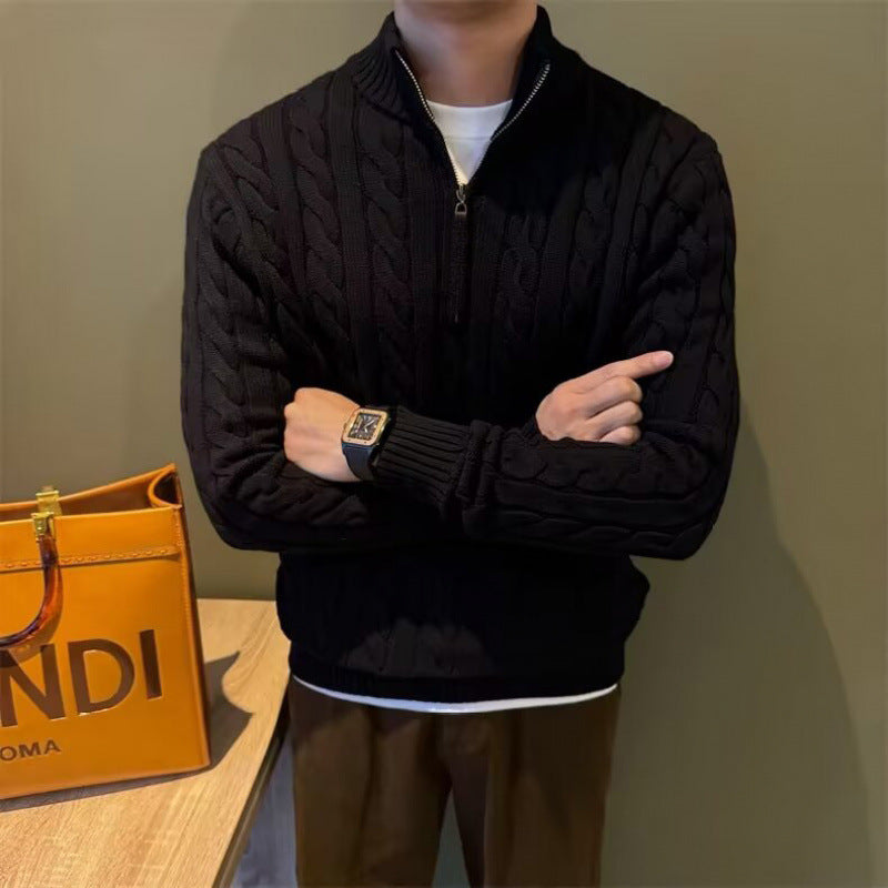 Herren Zopfstrick-Halbzip-Pullover mit Stehkragen Nord Taschen