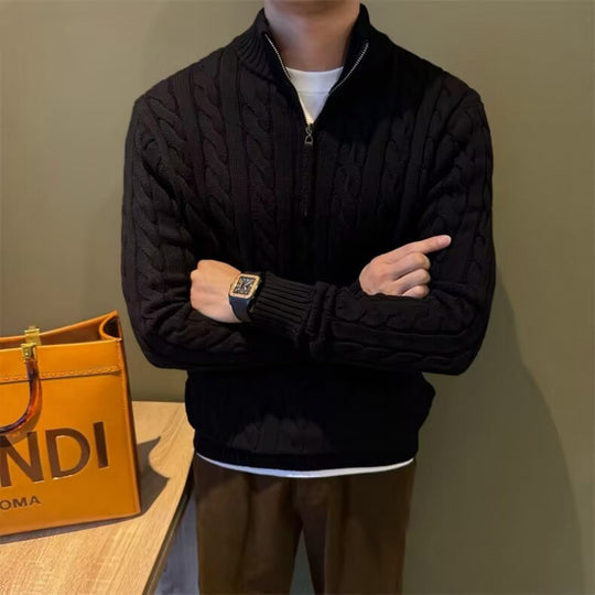 Herren Zopfstrick-Halbzip-Pullover mit Stehkragen Nord Taschen
