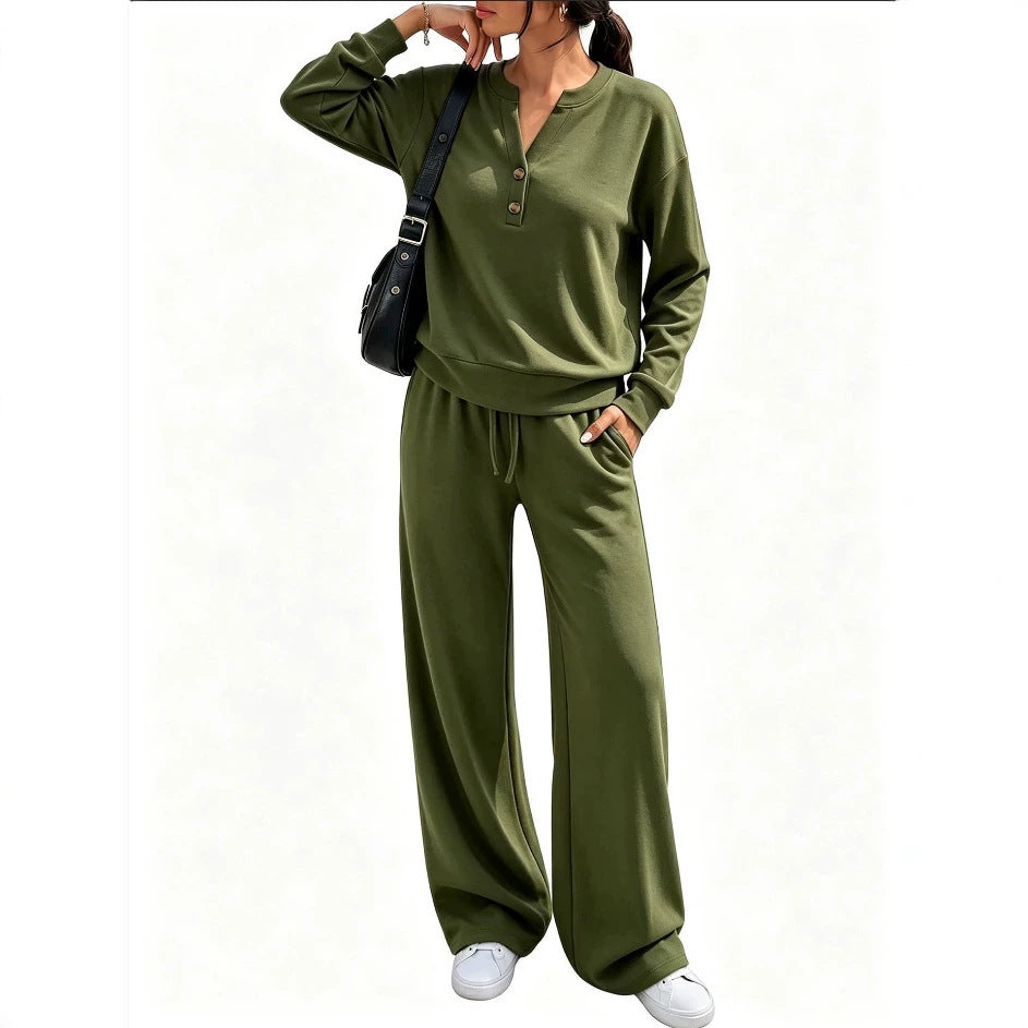 Damen Lounge-Set mit Henley-Kragen und palazzoweiter Jogginghose Nord Taschen