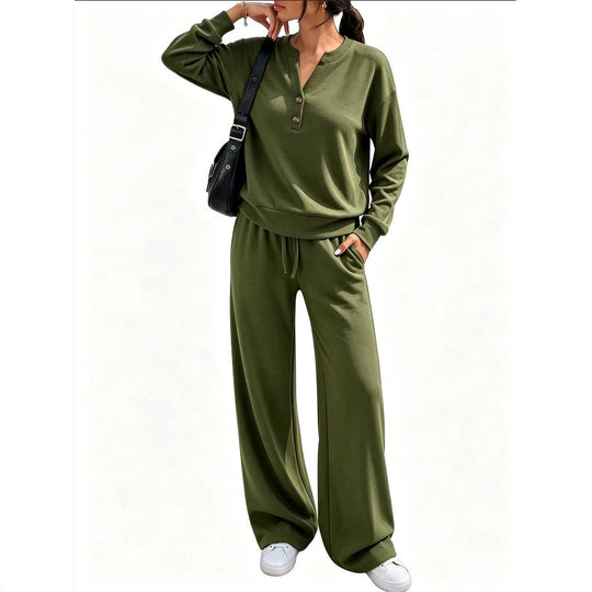 Damen Lounge-Set mit Henley-Kragen und palazzoweiter Jogginghose Nord Taschen