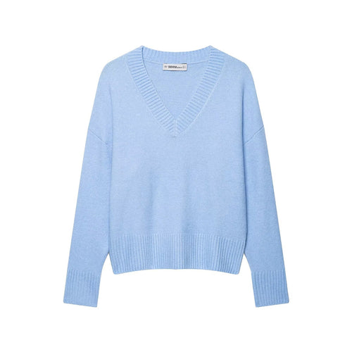 Damen Oversize V-Ausschnitt Pullover mit überschnittenen Schultern und breitem Rippbund Nord Taschen