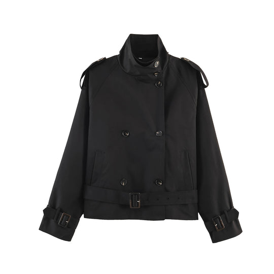 Damen gekürzte Trenchjacke mit Stehkragen doppelter Knopfreihe und Taillengürtel Nord Taschen