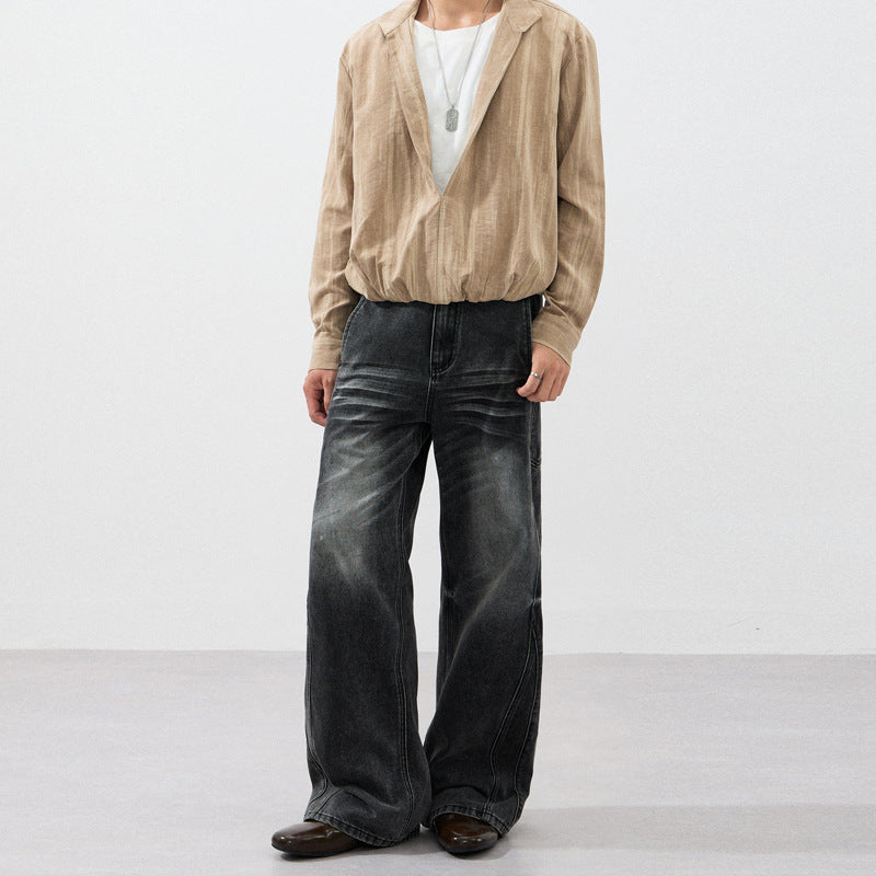 Herren Extraweite Skulpturale Denim‑Palazzohose mit Kniefalten und Teilungsnähten Nord Taschen