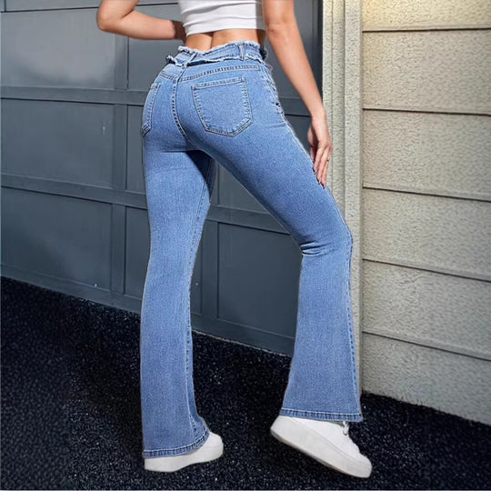 Damen Hochgeschnittene Flared-Jeans mit ausgefranstem Bund und mittiger Absteppnaht Nord Taschen