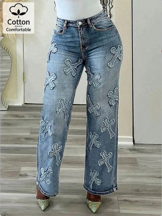Damen Hochtaillierte gerade geschnittene Jeanshose mit Kreuzapplikationen aus Baumwoll-Jeansstoff Nord Taschen