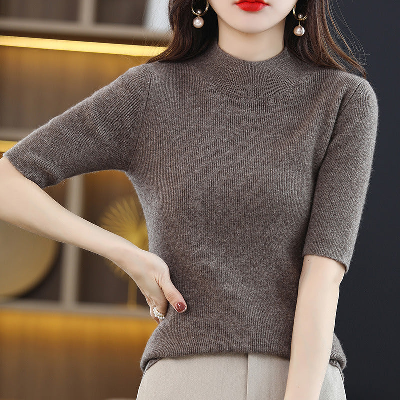 Damen Kurzarm-Feinstrickpullover mit Stehkragen und taillierter Passform Nord Taschen