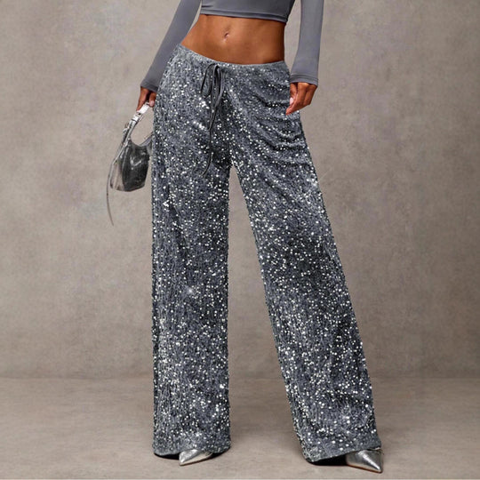 Damen Pailletten-Palazzohose mit hohem Bund und Kordelzug Nord Taschen