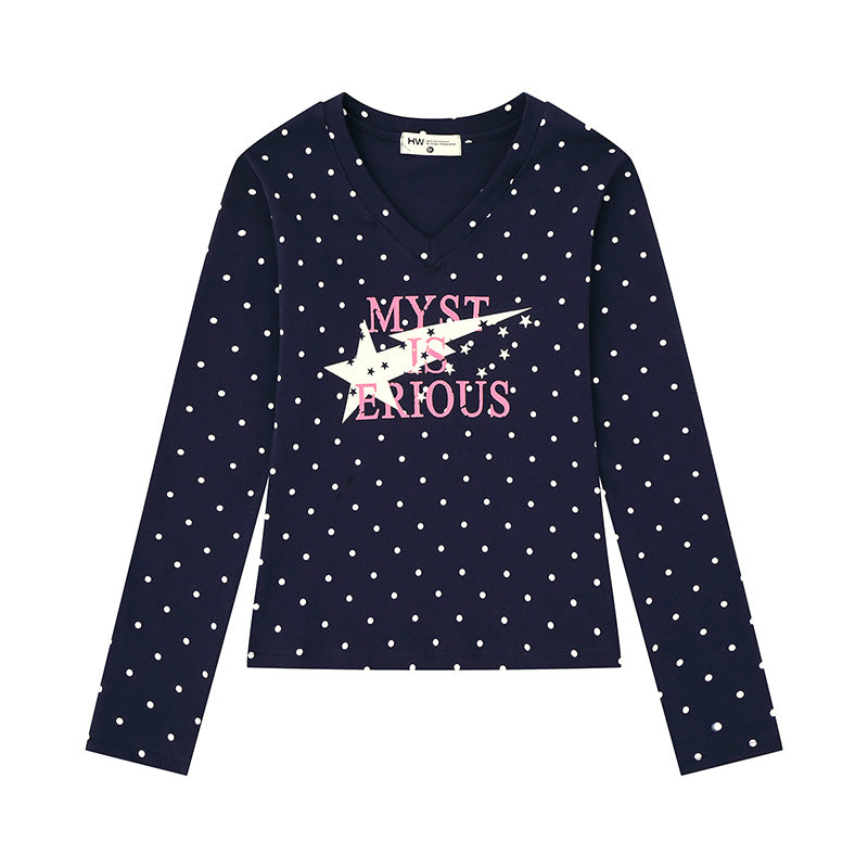 Damen Langarmshirt mit V-Ausschnitt, Polka-Dots und Statement-Print aus Baumwolljersey Nord Taschen